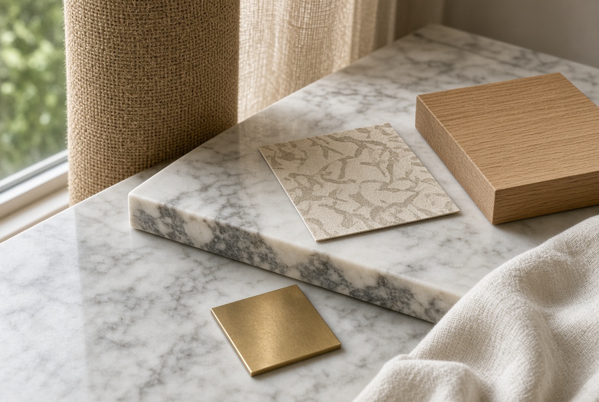 Marble, jute, timber, brass and linen samples
