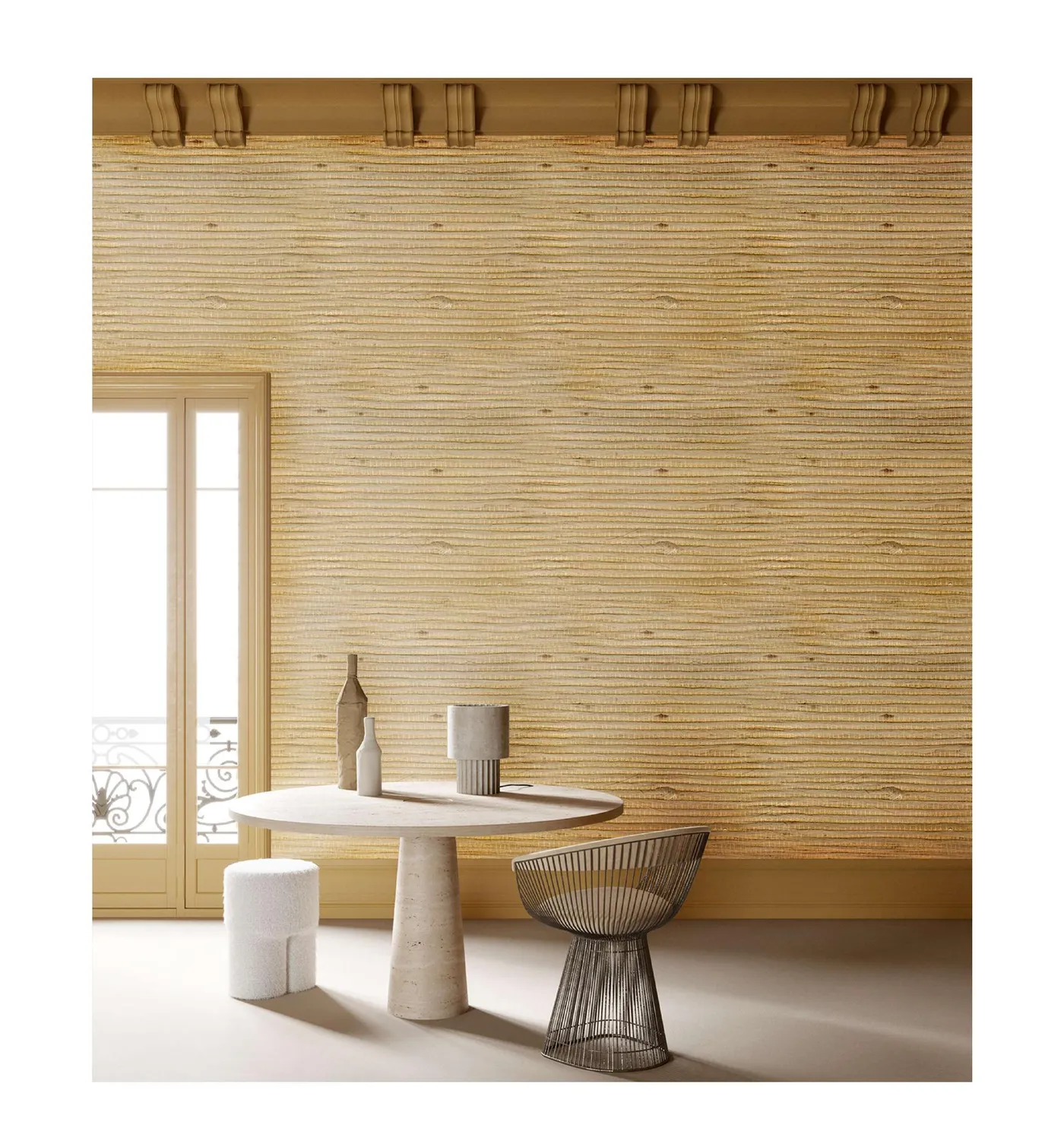 Warm woven jute wallcovering shown on a dining room wall