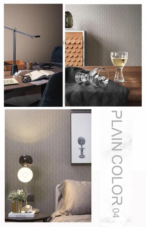 Geometric neutral wallcovering in a study and bedroom setting