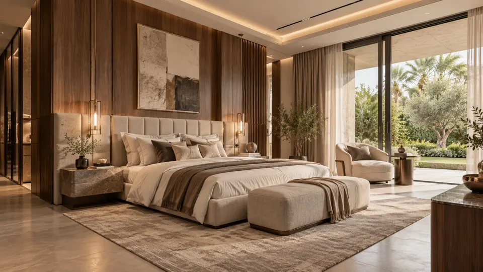 Modern master bedroom design concept visualisation still