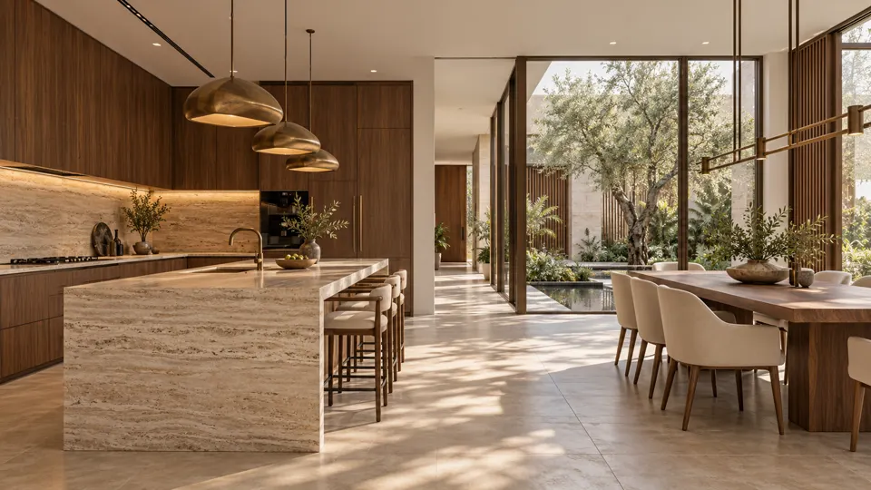 Modern villa kitchen and dining concept visualisation still
