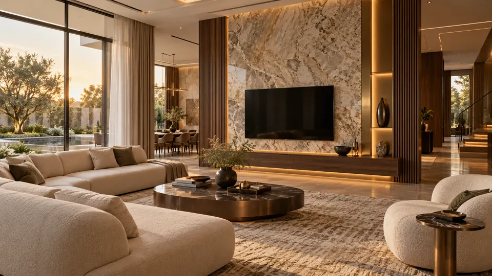 Modern villa living room design concept visualisation still